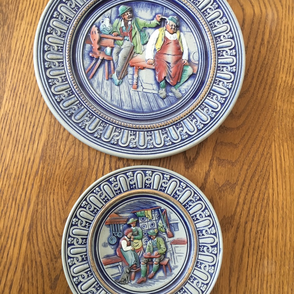 2-FRANZ  GERZIT WEST GERMANY GERZ  BLUE STONEWARE PLATES FOLK SMALL TOWN SCENES